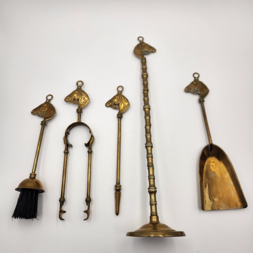 VTG Brass Horse Head Fireplace Hearth Tool Set Equestrian Hunt Club Decor 5 Pcs